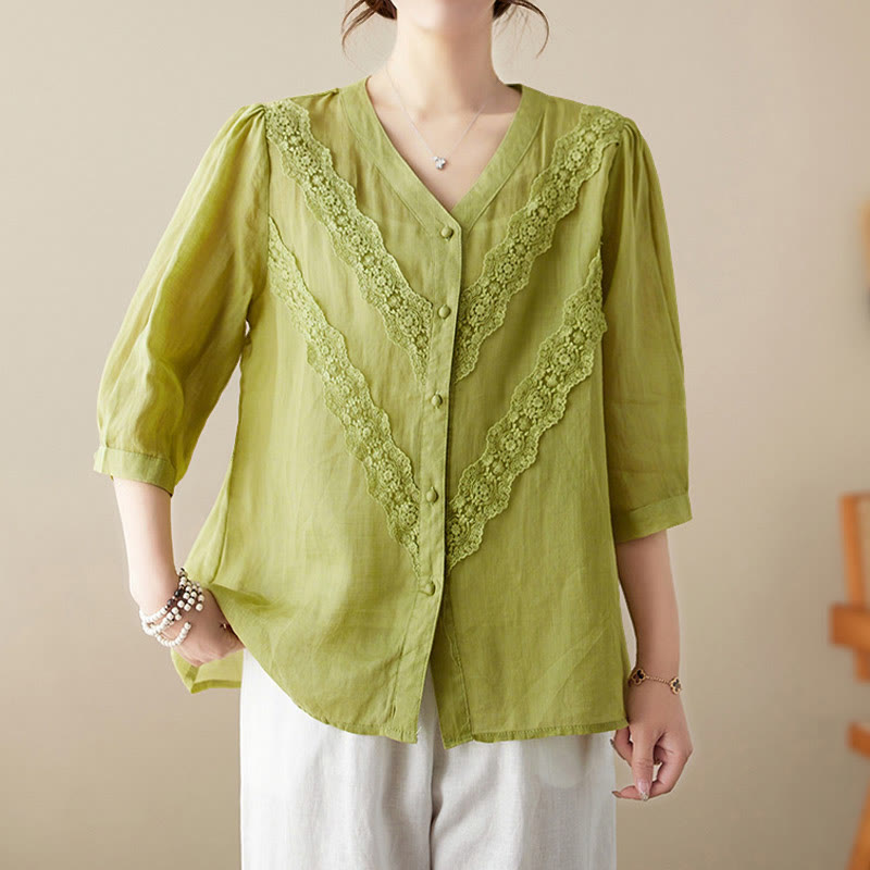 Buddha Stones Camisas de manga tres cuartos para mujer, color liso, con cuello en V y ribete de encaje, ideales para el verano. - Verde amarillento - US8-10，UK/AU12-14，EU40-42 (2XL) - image 0