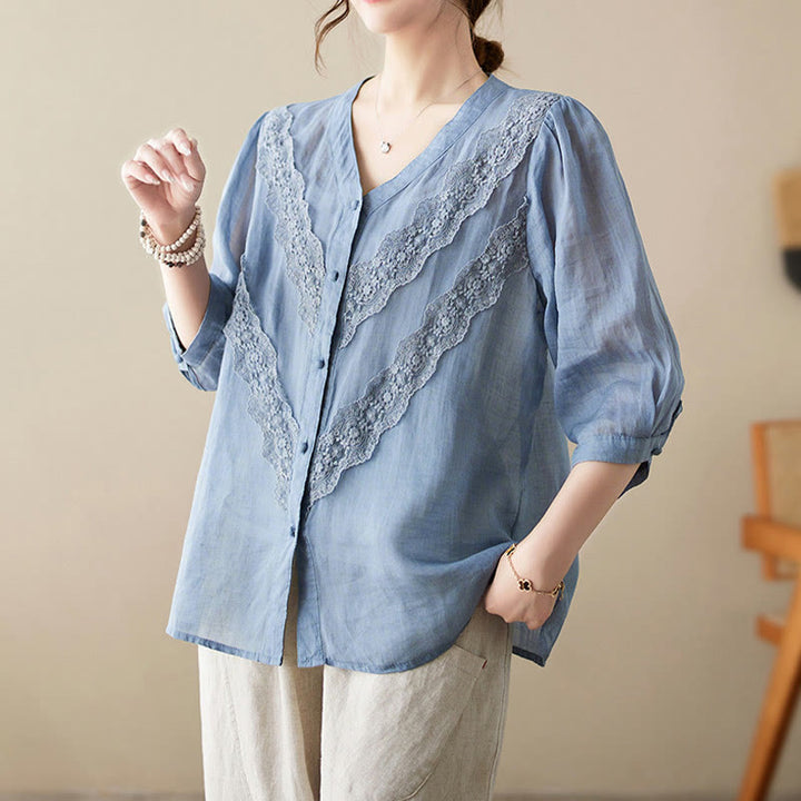 Buddha Stones Camisas de manga tres cuartos para mujer, color liso, con cuello en V y ribete de encaje, ideales para el verano. - image 12