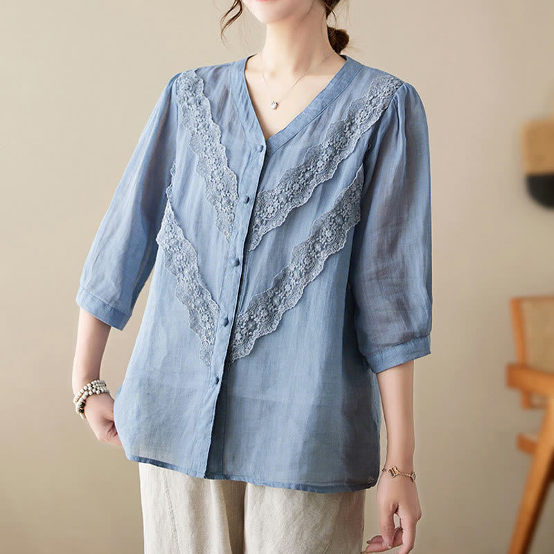 Buddha Stones Camisas de manga tres cuartos para mujer, color liso, con cuello en V y ribete de encaje, ideales para el verano. - image 13