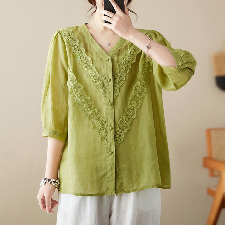 Buddha Stones Camisas de manga tres cuartos para mujer, color liso, con cuello en V y ribete de encaje, ideales para el verano. - image 1