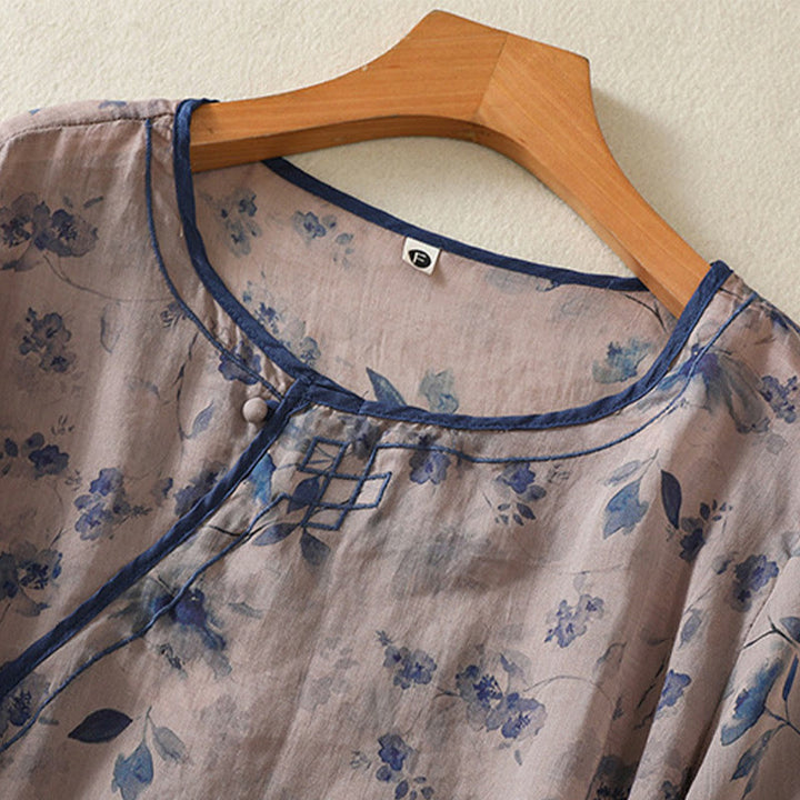Buddha Stones Camisas de manga tres cuartos para mujer con cuello redondo, cuello redondo y estampado floral de ranas de verano. - image 2
