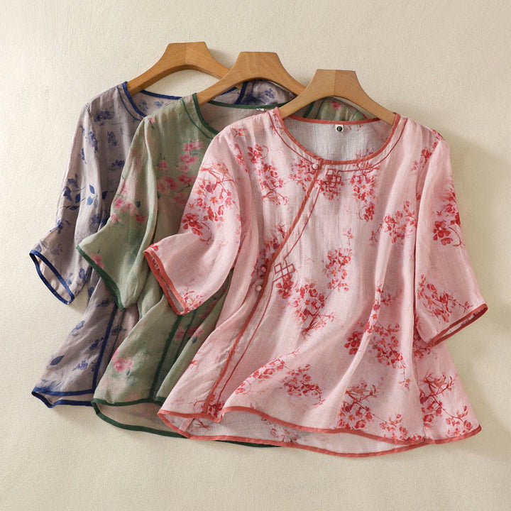 Buddha Stones Camisas de manga tres cuartos para mujer con cuello redondo, cuello redondo y estampado floral de ranas de verano. - image 19