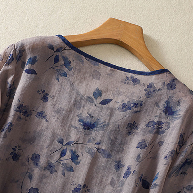 Buddha Stones Camisas de manga tres cuartos para mujer con cuello redondo, cuello redondo y estampado floral de ranas de verano. - image 3