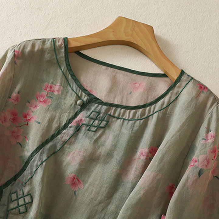 Buddha Stones Camisas de manga tres cuartos para mujer con cuello redondo, cuello redondo y estampado floral de ranas de verano. - image 17