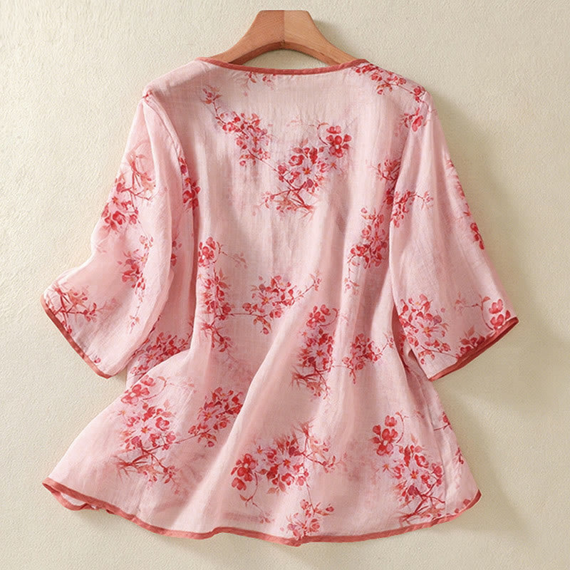 Buddha Stones Camisas de manga tres cuartos para mujer con cuello redondo, cuello redondo y estampado floral de ranas de verano. - image 8