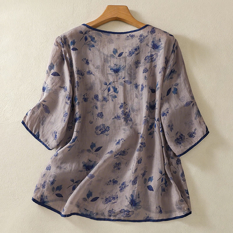 Buddha Stones Camisas de manga tres cuartos para mujer con cuello redondo, cuello redondo y estampado floral de ranas de verano. - image 1