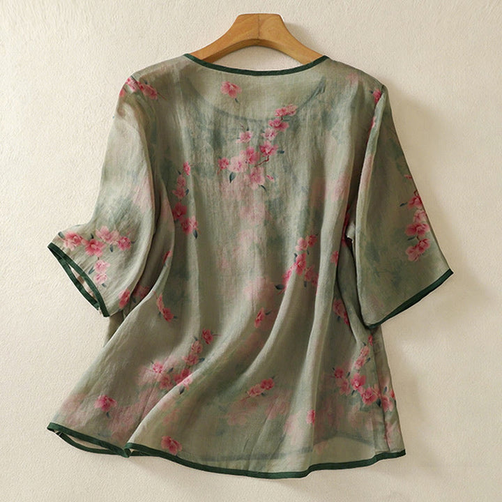 Buddha Stones Camisas de manga tres cuartos para mujer con cuello redondo, cuello redondo y estampado floral de ranas de verano. - image 16
