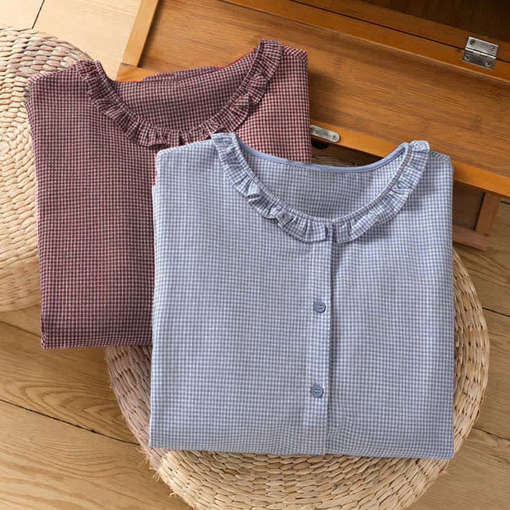 Buddha Stones Camisas de manga larga a cuadros con botones para mujer, ideales para la primavera. - image 19