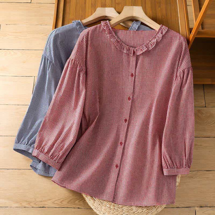 Buddha Stones Camisas de manga larga a cuadros con botones para mujer, ideales para la primavera. - image 18
