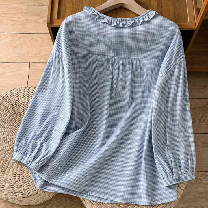 Buddha Stones Camisas de manga larga a cuadros con botones para mujer, ideales para la primavera. - image 10