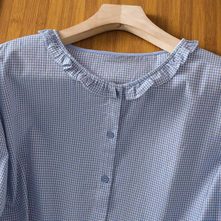 Buddha Stones Camisas de manga larga a cuadros con botones para mujer, ideales para la primavera. - image 11