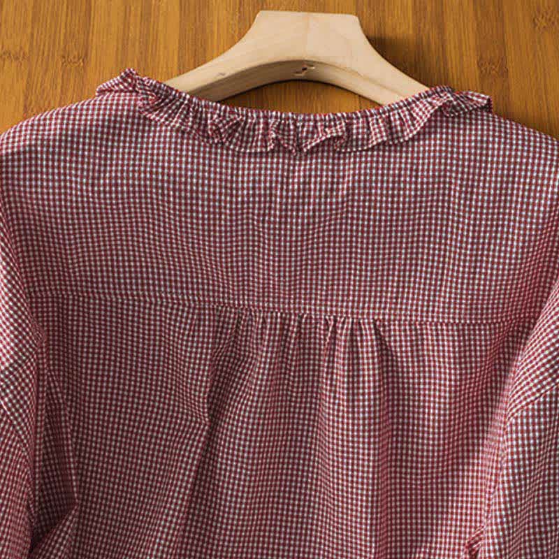 Buddha Stones Camisas de manga larga a cuadros con botones para mujer, ideales para la primavera. - image 4
