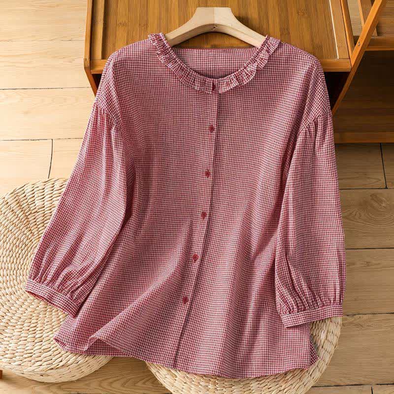 Buddha Stones Camisas de manga larga a cuadros con botones para mujer, ideales para la primavera. - Coral claro - US8-10，UK/AU12-14，EU40-42 (2XL) - image 0