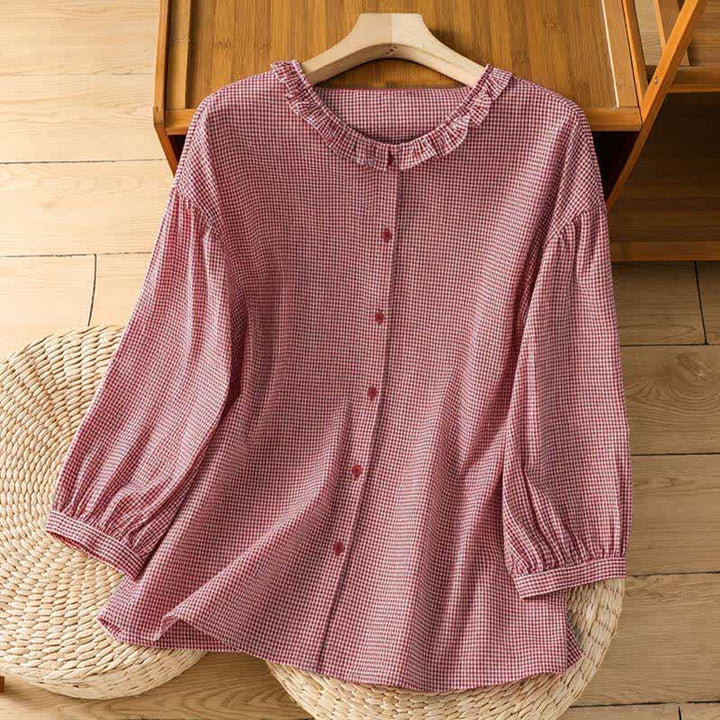 Buddha Stones Camisas de manga larga a cuadros con botones para mujer, ideales para la primavera. - Coral claro - US8-10，UK/AU12-14，EU40-42 (2XL) - image 0