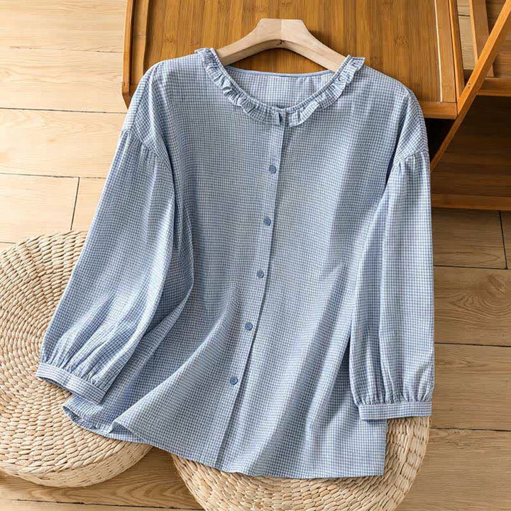 Buddha Stones Camisas de manga larga a cuadros con botones para mujer, ideales para la primavera. - Azul claro - US8-10，UK/AU12-14，EU40-42 (2XL) - image 9