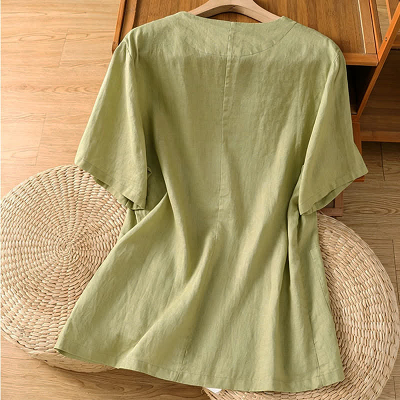 Buddha Stones Camisas de manga corta para mujer, informales, con cuello en V, abotonadas y de color liso, con bolsillos, ideales para el verano. - image 1
