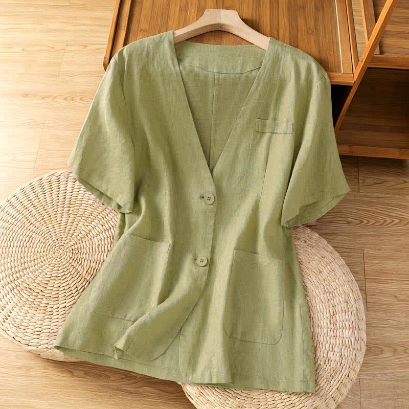 Buddha Stones Camisas de manga corta para mujer, informales, con cuello en V, abotonadas y de color liso, con bolsillos, ideales para el verano. - Verde pálido - US8-10，UK/AU12-14，EU40-42 (2XL) - image 0