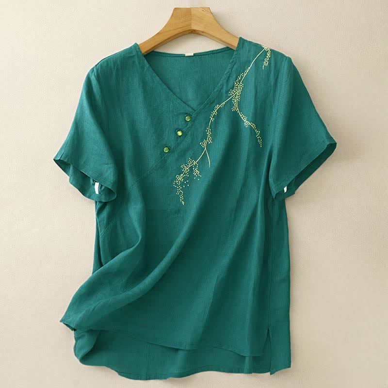 Buddha Stones Camisas de manga corta para mujer con botones decorativos bordados lisos de estilo vintage veraniego - Azul cadete - US8-10，UK/AU12-14，EU40-42 (2XL) - image 0
