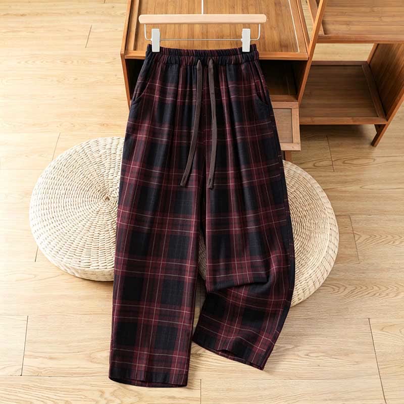 Buddha Stones Pantalones harem cortos para mujer, estilo casual de primavera, con cordón ajustable, estampado a cuadros, cintura elástica y bolsillos. - image 12