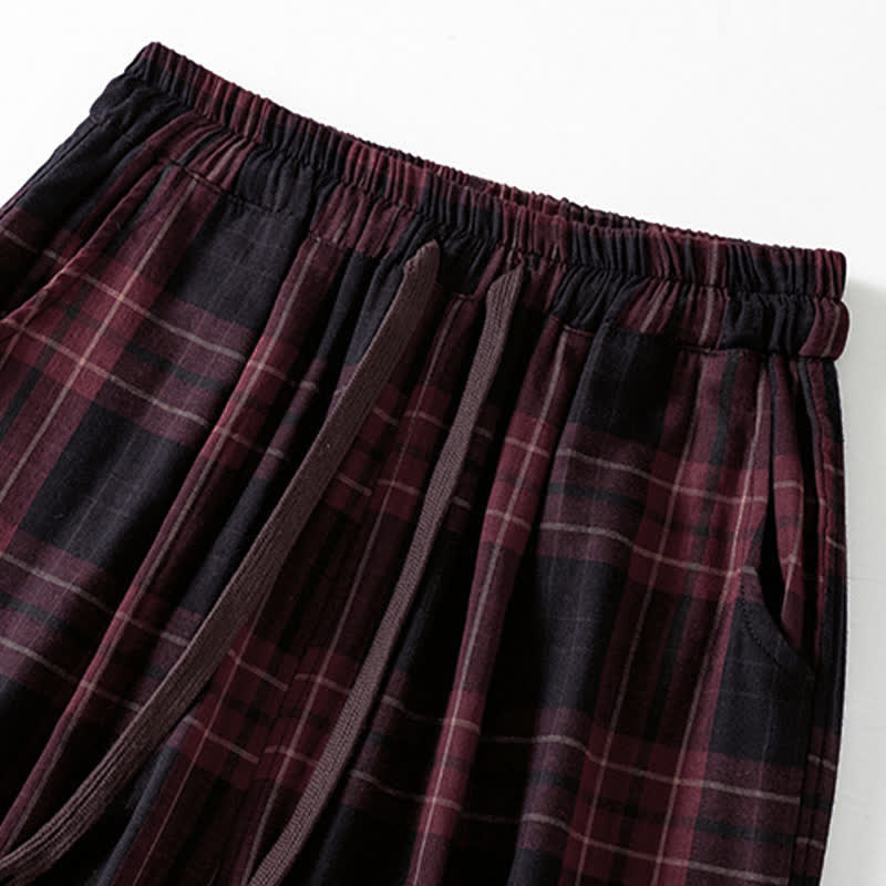 Buddha Stones Pantalones harem cortos para mujer, estilo casual de primavera, con cordón ajustable, estampado a cuadros, cintura elástica y bolsillos. - image 13
