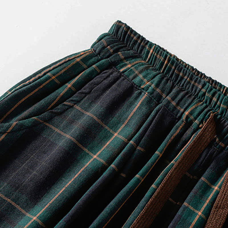 Buddha Stones Pantalones harem cortos para mujer, estilo casual de primavera, con cordón ajustable, estampado a cuadros, cintura elástica y bolsillos. - image 4