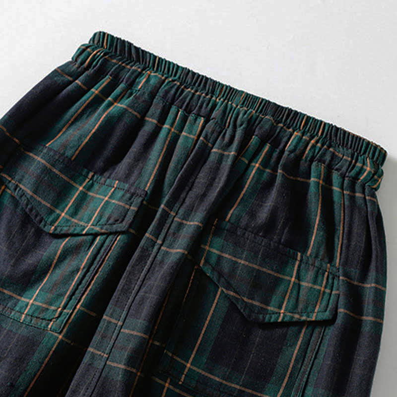 Buddha Stones Pantalones harem cortos para mujer, estilo casual de primavera, con cordón ajustable, estampado a cuadros, cintura elástica y bolsillos. - image 7
