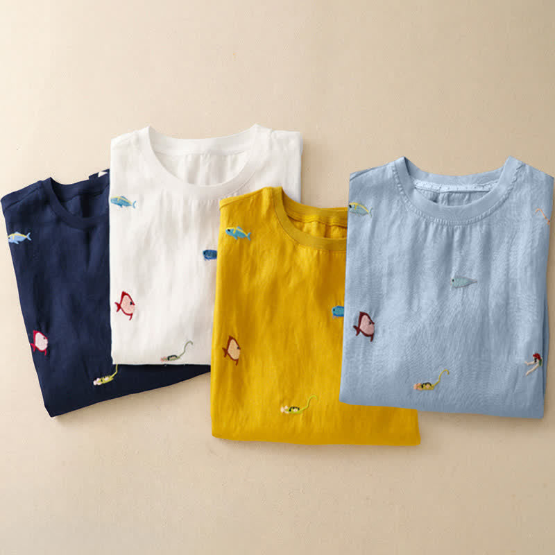 Buddha Stones Camisetas de manga corta para mujer con bordado de motivos de peces, estilo casual de verano. - image 29