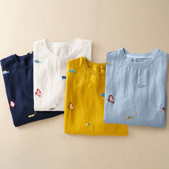 Buddha Stones Camisetas de manga corta para mujer con bordado de motivos de peces, estilo casual de verano. - image 29