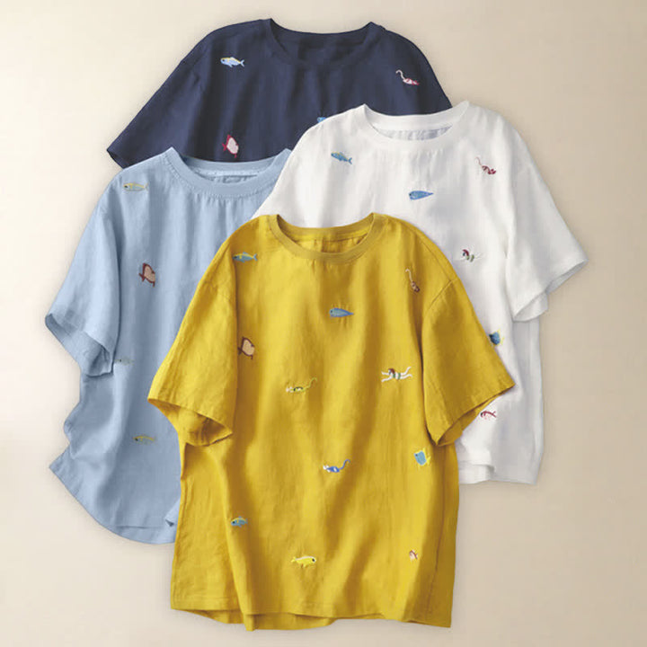 Buddha Stones Camisetas de manga corta para mujer con bordado de motivos de peces, estilo casual de verano. - image 28