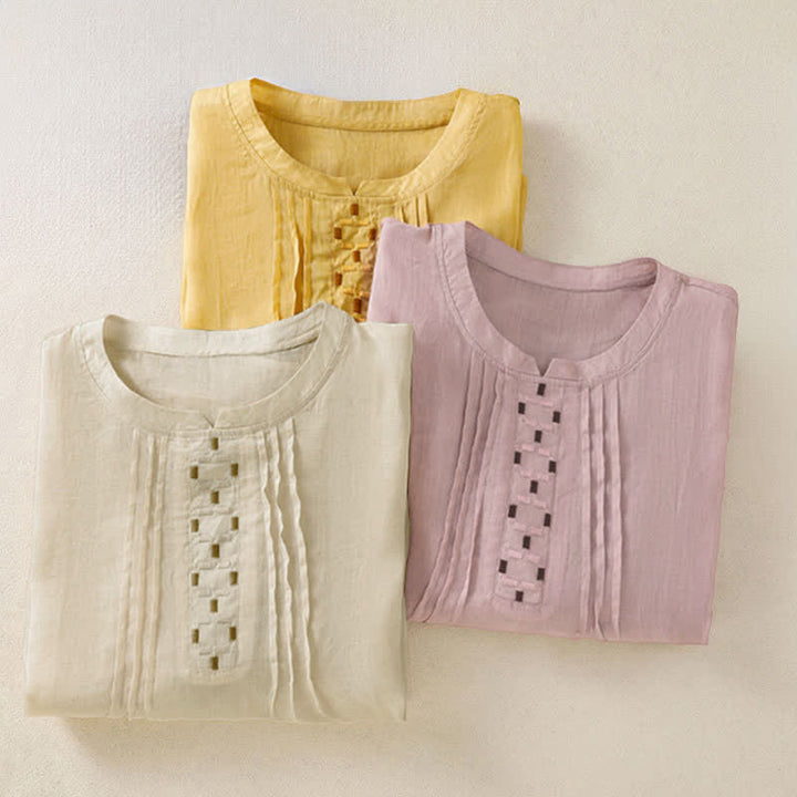 Buddha Stones Camisetas de manga corta para mujer, estilo casual de verano, con bordado liso y parte delantera plisada. - image 23