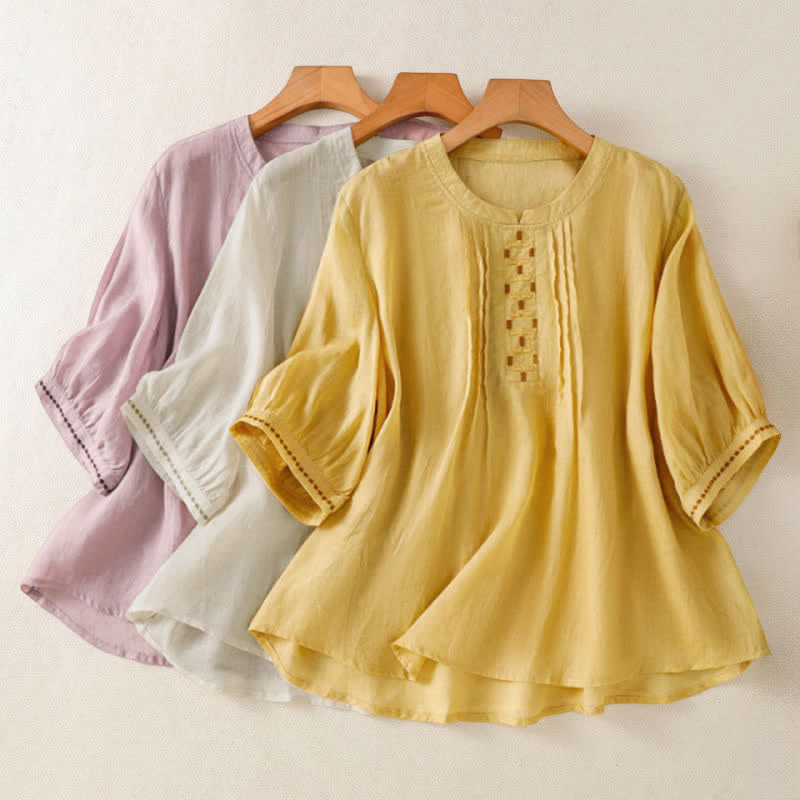 Buddha Stones Camisetas de manga corta para mujer, estilo casual de verano, con bordado liso y parte delantera plisada. - image 22