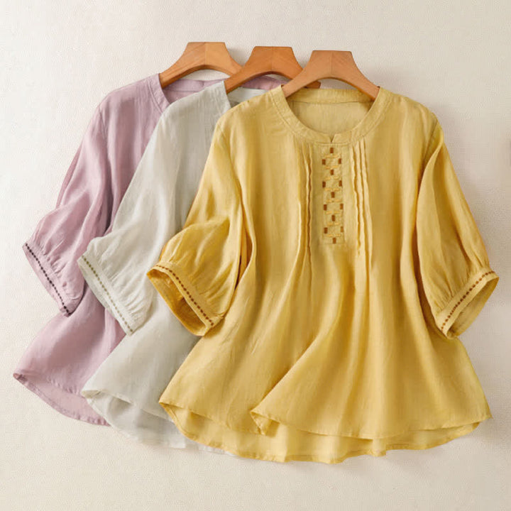 Buddha Stones Camisetas de manga corta para mujer, estilo casual de verano, con bordado liso y parte delantera plisada. - image 22
