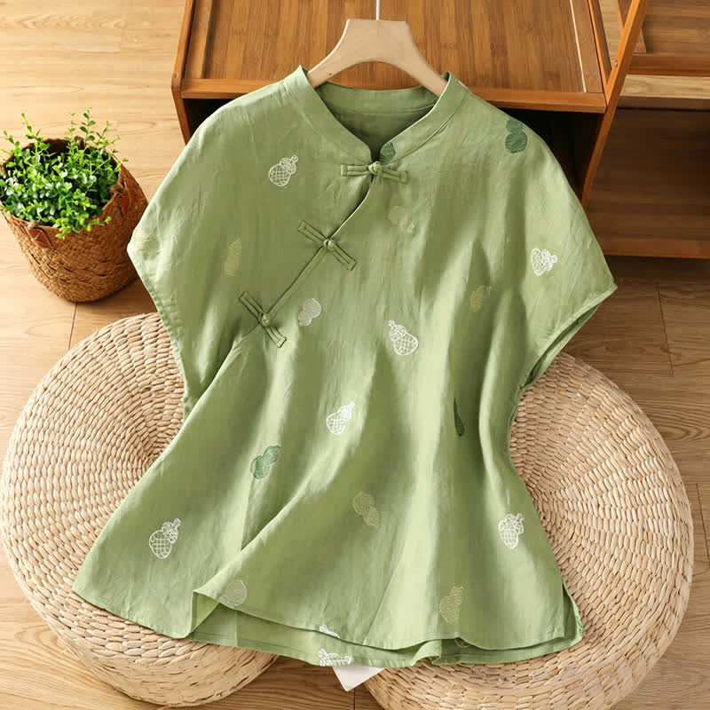 Buddha Stones Camisas de manga corta para mujer estilo Tang de verano con cuello mandarín, botones de rana y bordado de calabaza. - Verde mar oscuro - US12, UK/AU16, EU44 (2XL) - image 0