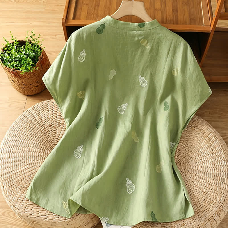 Buddha Stones Camisas de manga corta para mujer estilo Tang de verano con cuello mandarín, botones de rana y bordado de calabaza. - image 1