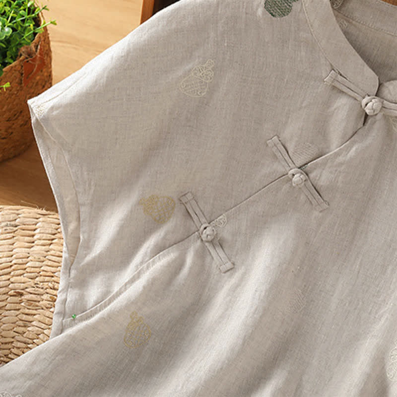 Buddha Stones Camisas de manga corta para mujer estilo Tang de verano con cuello mandarín, botones de rana y bordado de calabaza. - image 16