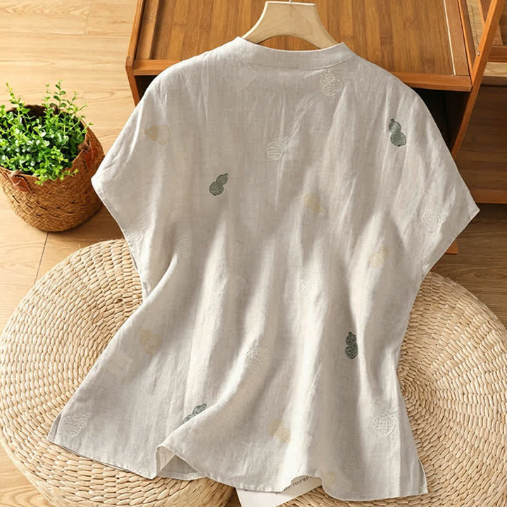 Buddha Stones Camisas de manga corta para mujer estilo Tang de verano con cuello mandarín, botones de rana y bordado de calabaza. - image 13