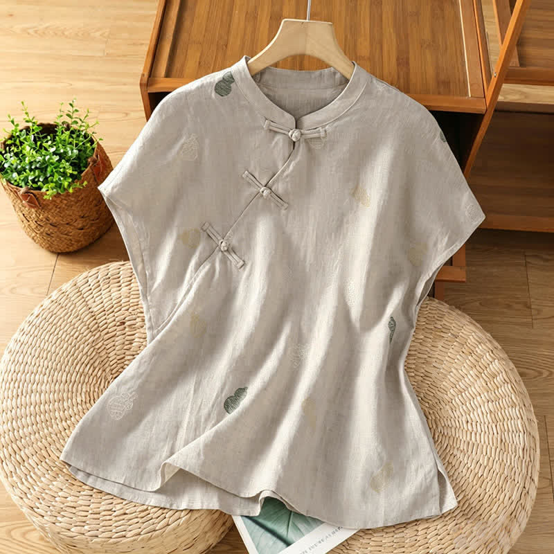 Buddha Stones Camisas de manga corta para mujer estilo Tang de verano con cuello mandarín, botones de rana y bordado de calabaza. - Lino - US12, UK/AU16, EU44 (2XL) - image 12