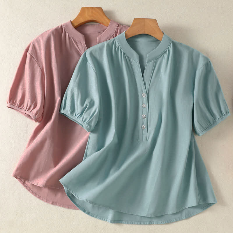 Buddha Stones Camisa de manga corta para mujer, estilo casual de verano, con cuello mandarín, medio botón y mangas abullonadas. - image 15