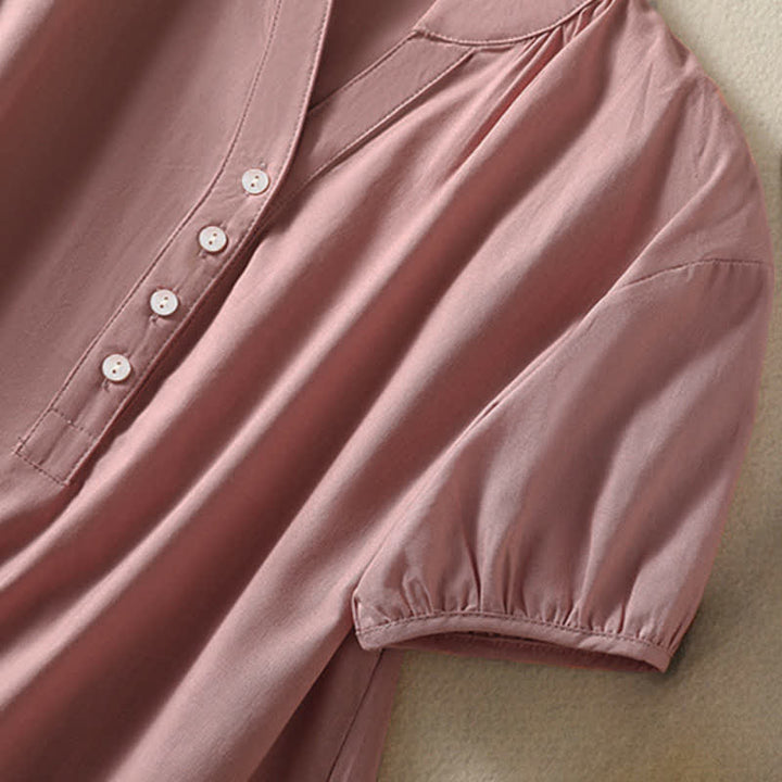 Buddha Stones Camisa de manga corta para mujer, estilo casual de verano, con cuello mandarín, medio botón y mangas abullonadas. - image 12