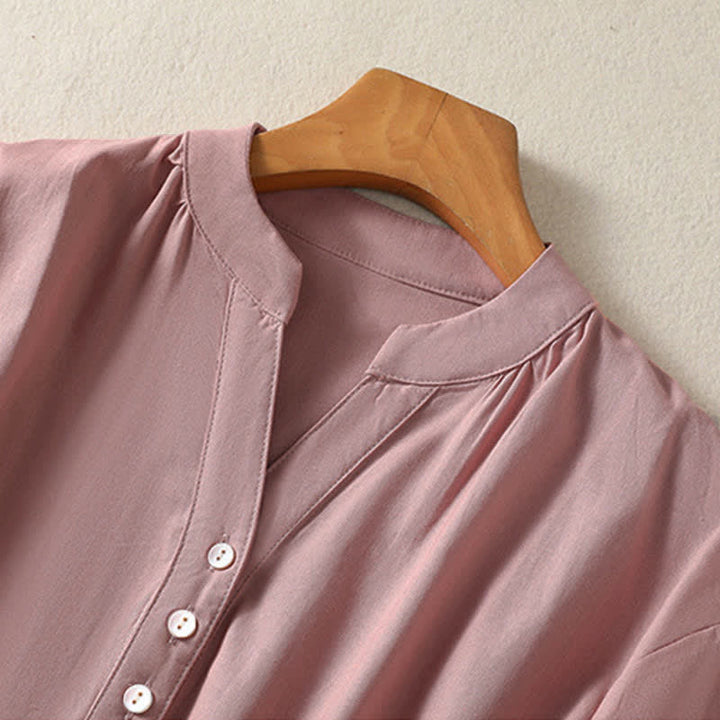 Buddha Stones Camisa de manga corta para mujer, estilo casual de verano, con cuello mandarín, medio botón y mangas abullonadas. - image 10