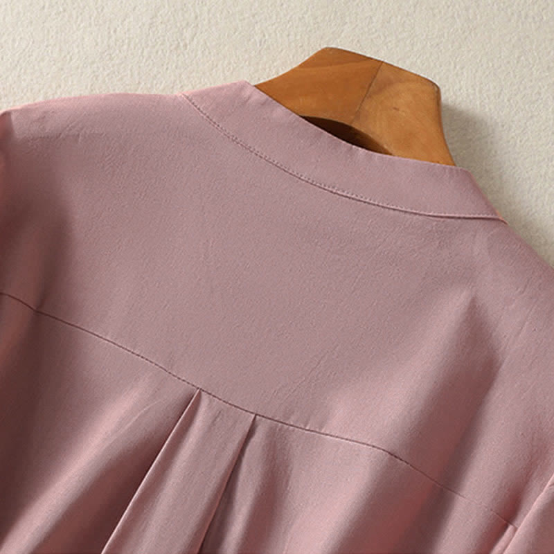 Buddha Stones Camisa de manga corta para mujer, estilo casual de verano, con cuello mandarín, medio botón y mangas abullonadas. - image 11