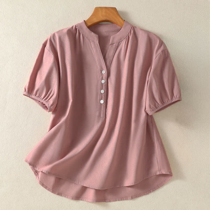 Buddha Stones Camisa de manga corta para mujer, estilo casual de verano, con cuello mandarín, medio botón y mangas abullonadas. - Marrón rosado - US8-10, UK/AU12-14, EU40-42 (2XL) - image 8