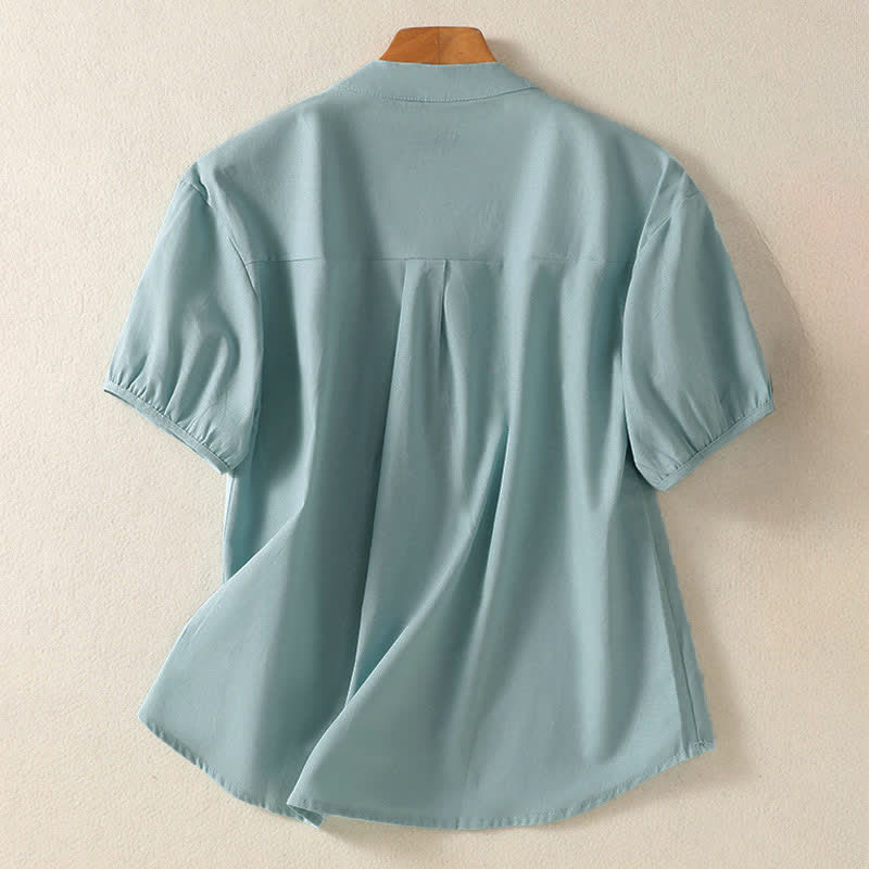 Buddha Stones Camisa de manga corta para mujer, estilo casual de verano, con cuello mandarín, medio botón y mangas abullonadas. - image 1