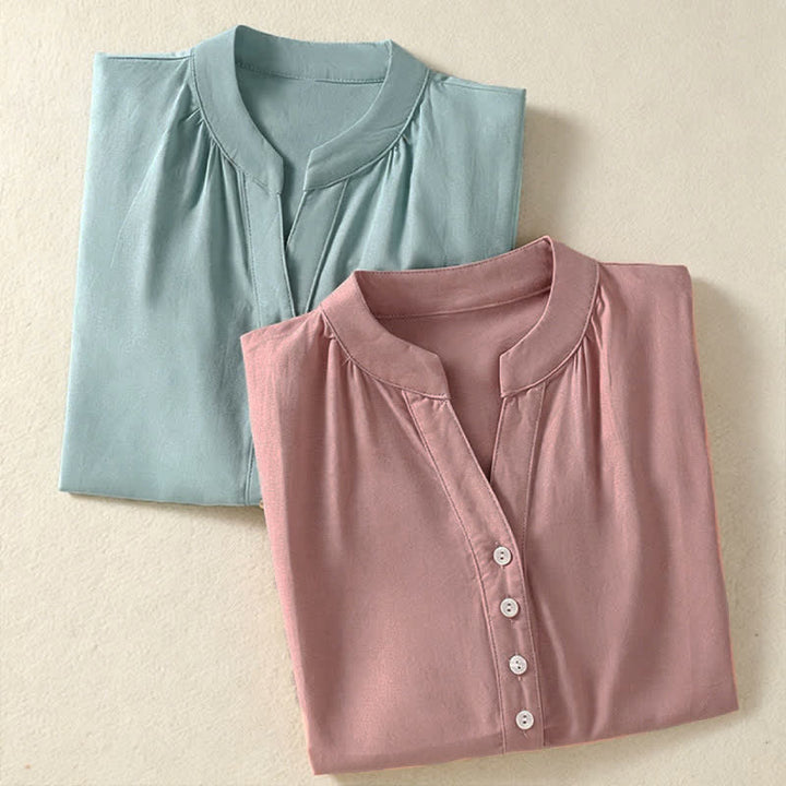 Buddha Stones Camisa de manga corta para mujer, estilo casual de verano, con cuello mandarín, medio botón y mangas abullonadas. - image 16