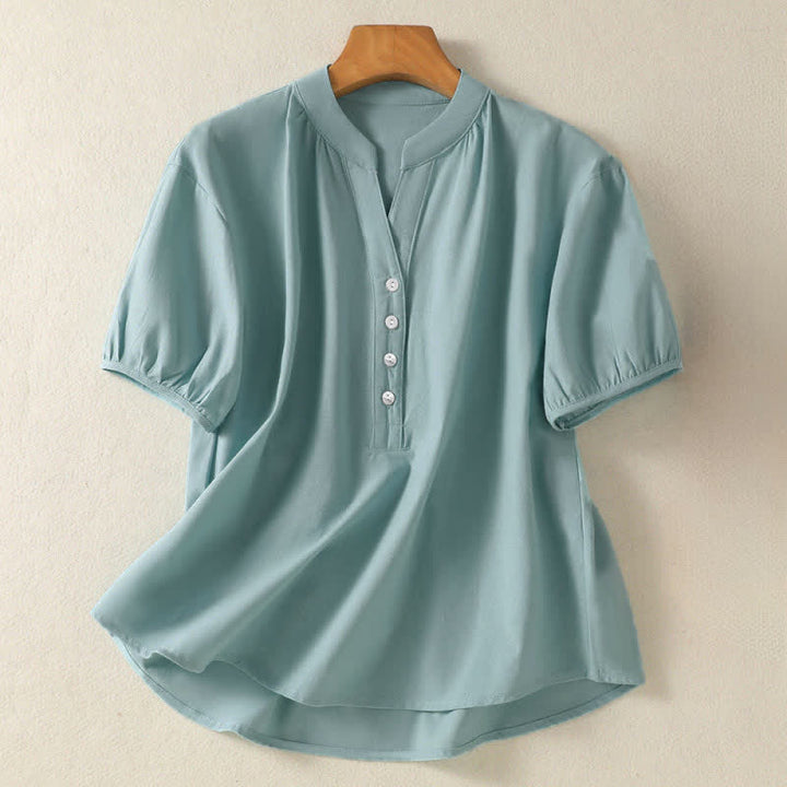 Buddha Stones Camisa de manga corta para mujer, estilo casual de verano, con cuello mandarín, medio botón y mangas abullonadas. - Azul cadete - US8-10, UK/AU12-14, EU40-42 (2XL) - image 0