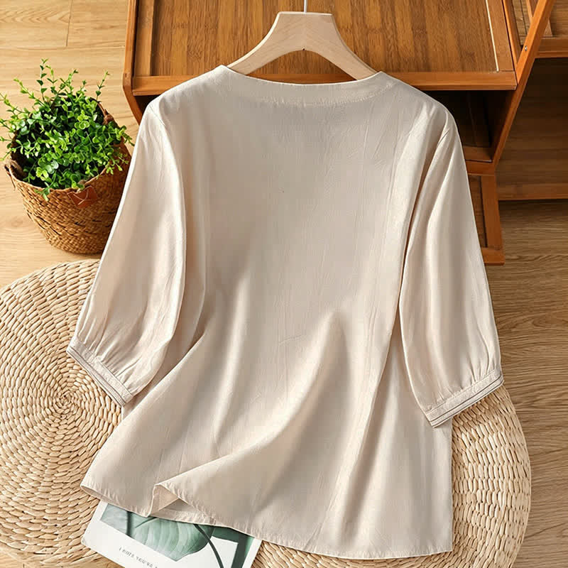 Buddha Stones Camisas de manga corta para mujer, color liso, con botones y bordado geométrico estilo vintage de verano. - image 1