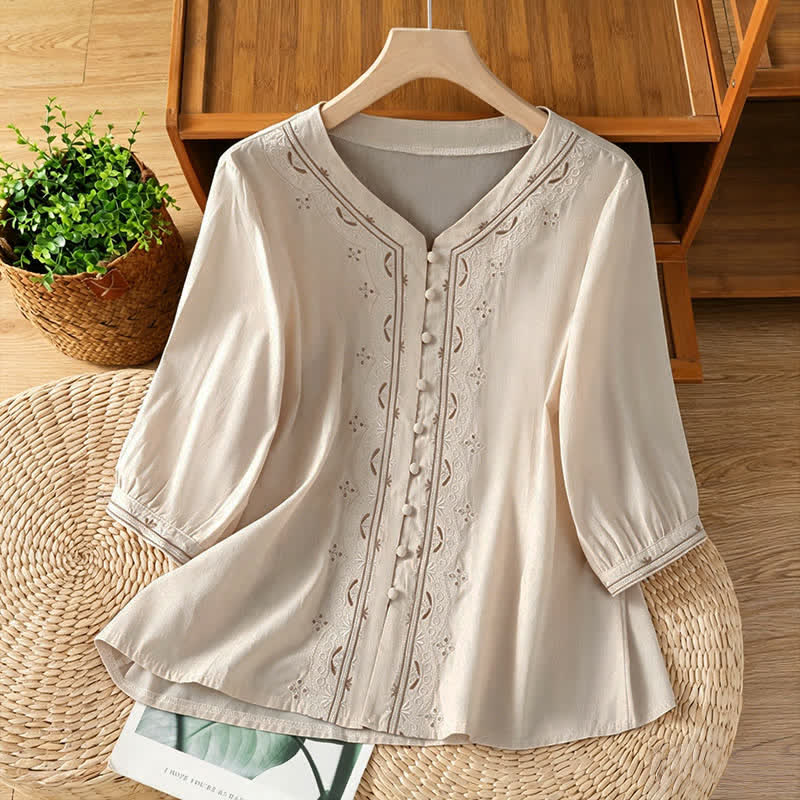 Buddha Stones Camisas de manga corta para mujer, color liso, con botones y bordado geométrico estilo vintage de verano. - Blanco antiguo - US8-10, UK/AU12-14, EU40-42 (2XL) - image 0