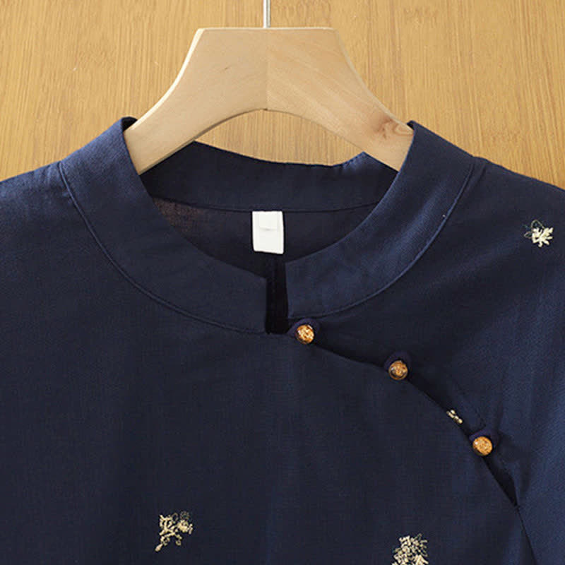 Buddha Stones Camiseta sin mangas de verano estilo Tang con cuello mandarín y bordado floral pequeño para mujer. - image 8