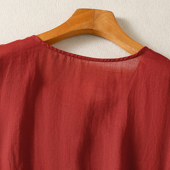 Buddha Stones Camisas de manga corta para mujer, estilo bohemio informal de verano, con bolsillo de parche, medio botón y mangas acampanadas. - image 11