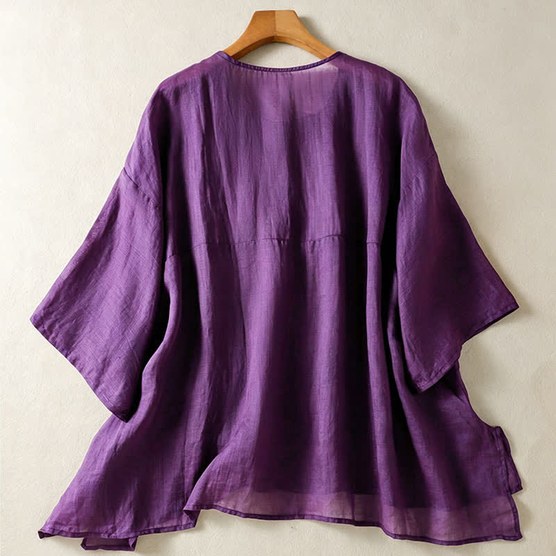 Buddha Stones Camisas de manga corta para mujer, estilo bohemio informal de verano, con bolsillo de parche, medio botón y mangas acampanadas. - image 1